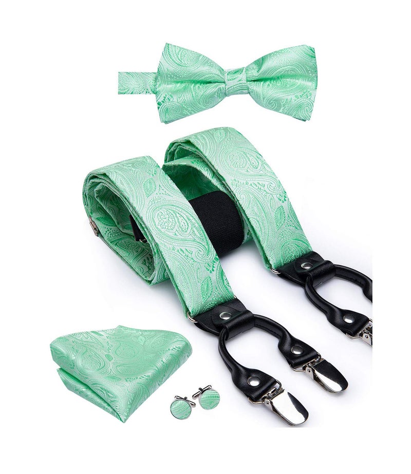 Dubulle Mens Clips Suspenders and Pretied Bowtie Set Y Shape Adjustable Paisley Checks Braces Pocket Square,Mint Green - Image 1